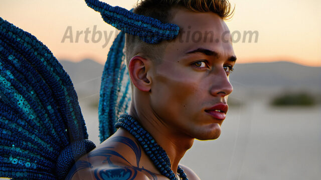 Brought to life through AI, Capturing the Pristine and Elusive Male Fairy. Imagine a realm where handsome shirtless men & boys possess enormous, shimmering crystal wings, vibrant and radiant, capturing and reflecting the light of the environment in a mesmerizing way, and adding a touch of mystery to their intense visage. Outdoors in a fantasy mysterious enchanted realm.