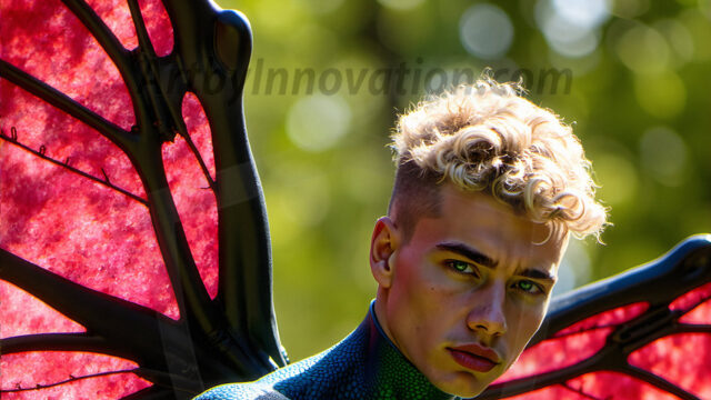 Brought to life through AI, Capturing the Pristine and Elusive Male Fairy. Imagine a realm where handsome shirtless men & boys possess enormous, shimmering crystal wings, vibrant and radiant, capturing and reflecting the light of the environment in a mesmerizing way, and adding a touch of mystery to their intense visage. Outdoors in a fantasy mysterious enchanted realm.