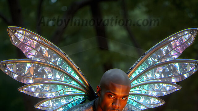 Brought to life through AI, Capturing the Pristine and Elusive Male Fairy. Imagine a realm where handsome shirtless men & boys possess enormous, shimmering crystal wings, vibrant and radiant, capturing and reflecting the light of the environment in a mesmerizing way, and adding a touch of mystery to their intense visage. Outdoors in a fantasy mysterious enchanted realm.