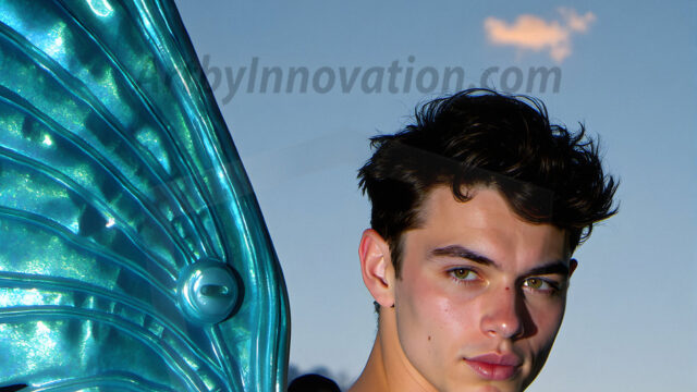 Brought to life through AI, Capturing the Pristine and Elusive Male Fairy. Imagine a realm where handsome shirtless men & boys possess enormous, shimmering crystal wings, vibrant and radiant, capturing and reflecting the light of the environment in a mesmerizing way, and adding a touch of mystery to their intense visage. Outdoors in a fantasy mysterious enchanted realm.