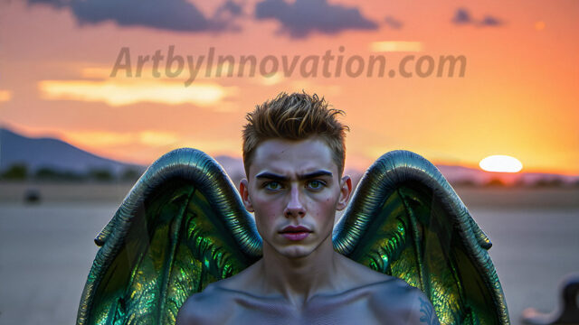 Brought to life through AI, Capturing the Pristine and Elusive Male Fairy. Imagine a realm where handsome shirtless men & boys possess enormous, shimmering crystal wings, vibrant and radiant, capturing and reflecting the light of the environment in a mesmerizing way, and adding a touch of mystery to their intense visage. Outdoors in a fantasy mysterious enchanted realm.