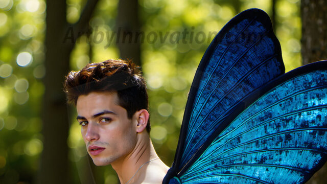 Brought to life through AI, Capturing the Pristine and Elusive Male Fairy. Imagine a realm where handsome shirtless men & boys possess enormous, shimmering crystal wings, vibrant and radiant, capturing and reflecting the light of the environment in a mesmerizing way, and adding a touch of mystery to their intense visage. Outdoors in a fantasy mysterious enchanted realm.