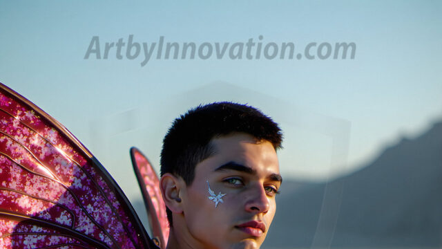 Brought to life through AI, Capturing the Pristine and Elusive Male Fairy. Imagine a realm where handsome shirtless men & boys possess enormous, shimmering crystal wings, vibrant and radiant, capturing and reflecting the light of the environment in a mesmerizing way, and adding a touch of mystery to their intense visage. Outdoors in a fantasy mysterious enchanted realm.