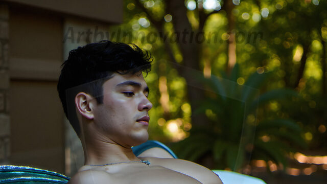 Brought to life through AI, Capturing the Pristine and Elusive Male Fairy. Imagine a realm where handsome shirtless men & boys possess enormous, shimmering crystal wings, vibrant and radiant, capturing and reflecting the light of the environment in a mesmerizing way, and adding a touch of mystery to their intense visage. Outdoors in a fantasy mysterious enchanted realm.