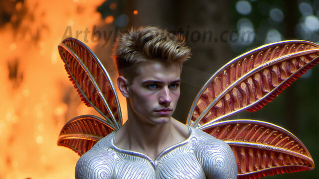 Brought to life through AI, Capturing the Pristine and Elusive Male Fairy. Imagine a realm where handsome shirtless men & boys possess enormous, shimmering crystal wings, vibrant and radiant, capturing and reflecting the light of the environment in a mesmerizing way, and adding a touch of mystery to their intense visage. Outdoors in a fantasy mysterious enchanted realm.