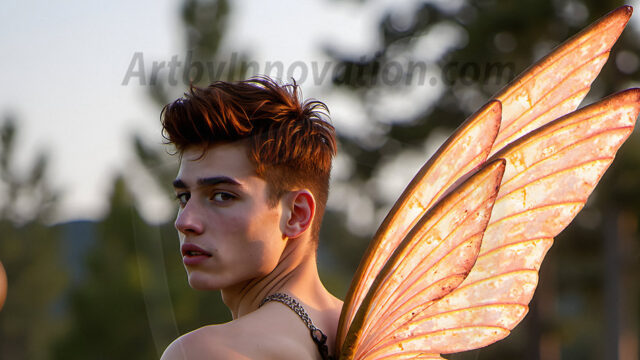 Brought to life through AI, Capturing the Pristine and Elusive Male Fairy. Imagine a realm where handsome shirtless men & boys possess enormous, shimmering crystal wings, vibrant and radiant, capturing and reflecting the light of the environment in a mesmerizing way, and adding a touch of mystery to their intense visage. Outdoors in a fantasy mysterious enchanted realm.