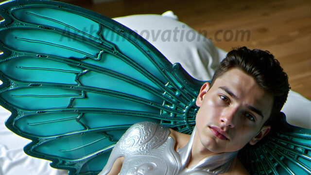Brought to life through AI, Capturing the Pristine and Elusive Male Fairy. Imagine a realm where handsome shirtless men & boys possess enormous, shimmering crystal wings, vibrant and radiant, capturing and reflecting the light of the environment in a mesmerizing way, and adding a touch of mystery to their intense visage. Outdoors in a fantasy mysterious enchanted realm.