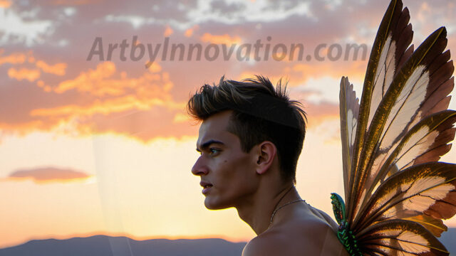 Brought to life through AI, Capturing the Pristine and Elusive Male Fairy. Imagine a realm where handsome shirtless men & boys possess enormous, shimmering crystal wings, vibrant and radiant, capturing and reflecting the light of the environment in a mesmerizing way, and adding a touch of mystery to their intense visage. Outdoors in a fantasy mysterious enchanted realm.