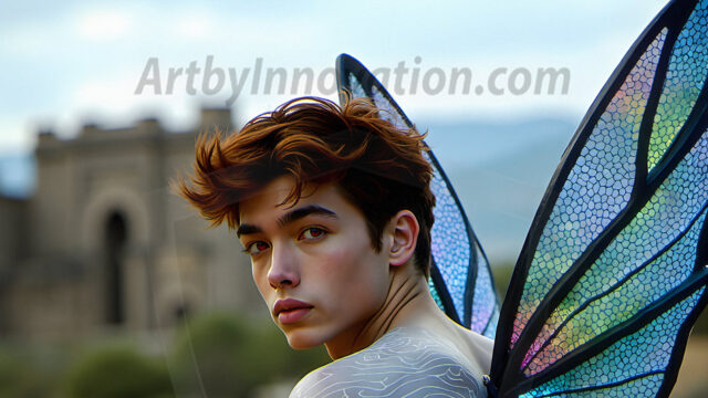 Brought to life through AI, Capturing the Pristine and Elusive Male Fairy. Imagine a realm where handsome shirtless men & boys possess enormous, shimmering crystal wings, vibrant and radiant, capturing and reflecting the light of the environment in a mesmerizing way, and adding a touch of mystery to their intense visage. Outdoors in a fantasy mysterious enchanted realm.