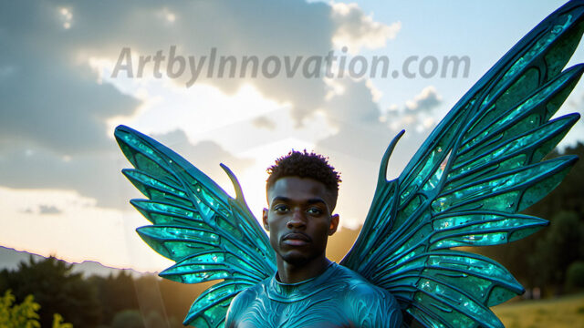 Brought to life through AI, Capturing the Pristine and Elusive Male Fairy. Imagine a realm where handsome shirtless men & boys possess enormous, shimmering crystal wings, vibrant and radiant, capturing and reflecting the light of the environment in a mesmerizing way, and adding a touch of mystery to their intense visage. Outdoors in a fantasy mysterious enchanted realm.