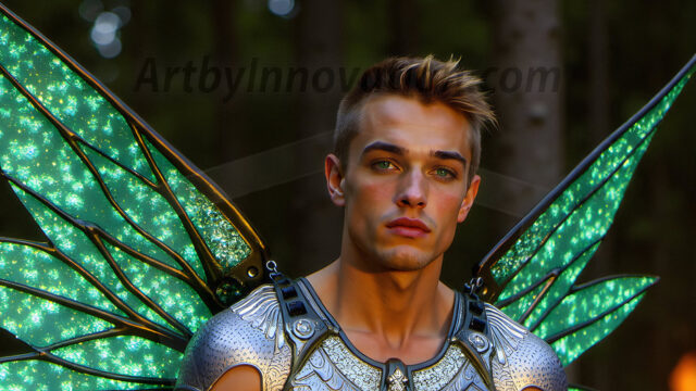 Brought to life through AI, Capturing the Pristine and Elusive Male Fairy. Imagine a realm where handsome shirtless men & boys possess enormous, shimmering crystal wings, vibrant and radiant, capturing and reflecting the light of the environment in a mesmerizing way, and adding a touch of mystery to their intense visage. Outdoors in a fantasy mysterious enchanted realm.
