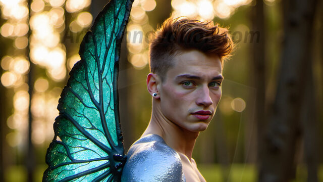 Brought to life through AI, Capturing the Pristine and Elusive Male Fairy. Imagine a realm where handsome shirtless men & boys possess enormous, shimmering crystal wings, vibrant and radiant, capturing and reflecting the light of the environment in a mesmerizing way, and adding a touch of mystery to their intense visage. Outdoors in a fantasy mysterious enchanted realm.
