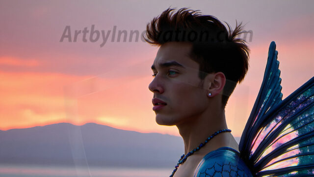 Brought to life through AI, Capturing the Pristine and Elusive Male Fairy. Imagine a realm where handsome shirtless men & boys possess enormous, shimmering crystal wings, vibrant and radiant, capturing and reflecting the light of the environment in a mesmerizing way, and adding a touch of mystery to their intense visage. Outdoors in a fantasy mysterious enchanted realm.