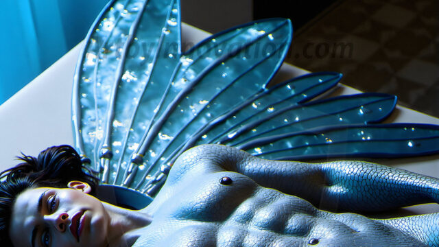 Brought to life through AI, Capturing the Pristine and Elusive Male Fairy. Imagine a realm where handsome shirtless men & boys possess enormous, shimmering crystal wings, vibrant and radiant, capturing and reflecting the light of the environment in a mesmerizing way, and adding a touch of mystery to their intense visage. Outdoors in a fantasy mysterious enchanted realm.