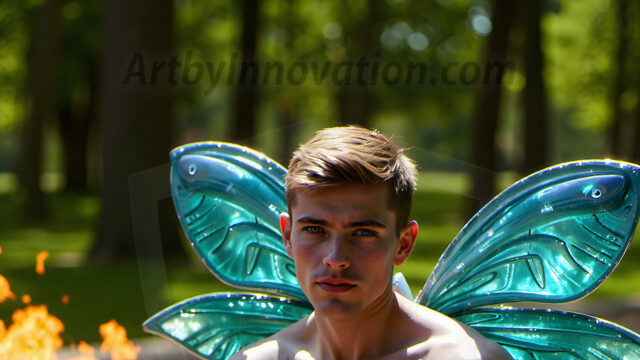 Brought to life through AI, Capturing the Pristine and Elusive Male Fairy. Imagine a realm where handsome shirtless men & boys possess enormous, shimmering crystal wings, vibrant and radiant, capturing and reflecting the light of the environment in a mesmerizing way, and adding a touch of mystery to their intense visage. Outdoors in a fantasy mysterious enchanted realm.