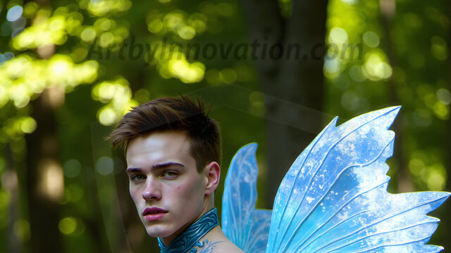 Brought to life through AI, Capturing the Pristine and Elusive Male Fairy. Imagine a realm where handsome shirtless men & boys possess enormous, shimmering crystal wings, vibrant and radiant, capturing and reflecting the light of the environment in a mesmerizing way, and adding a touch of mystery to their intense visage. Outdoors in a fantasy mysterious enchanted realm.