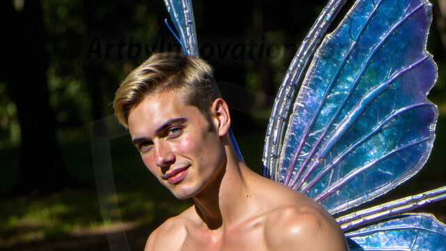 Brought to life through AI, Capturing the Pristine and Elusive Male Fairy. Imagine a realm where handsome shirtless men & boys possess enormous, shimmering crystal wings, vibrant and radiant, capturing and reflecting the light of the environment in a mesmerizing way, and adding a touch of mystery to their intense visage. Outdoors in a fantasy mysterious enchanted realm.