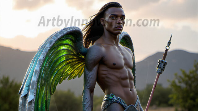 Brought to life through AI, Capturing the Pristine and Elusive Male Fairy. Imagine a realm where handsome shirtless men & boys possess enormous, shimmering crystal wings, vibrant and radiant, capturing and reflecting the light of the environment in a mesmerizing way, and adding a touch of mystery to their intense visage. Outdoors in a fantasy mysterious enchanted realm.