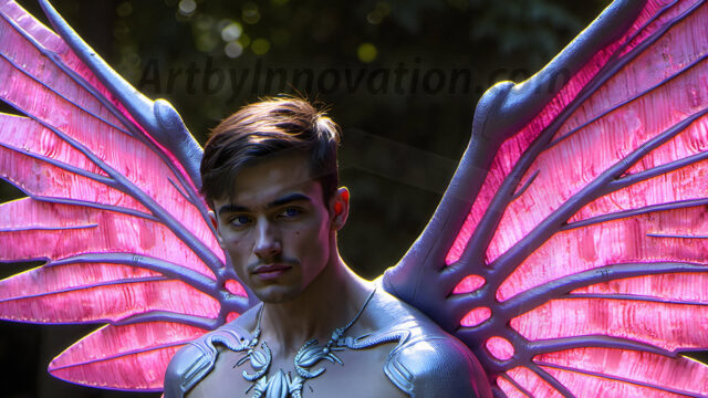 Brought to life through AI, Capturing the Pristine and Elusive Male Fairy. Imagine a realm where handsome shirtless men & boys possess enormous, shimmering crystal wings, vibrant and radiant, capturing and reflecting the light of the environment in a mesmerizing way, and adding a touch of mystery to their intense visage. Outdoors in a fantasy mysterious enchanted realm.