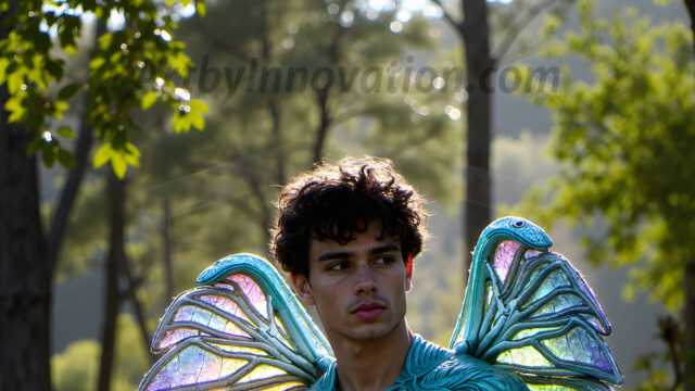 Brought to life through AI, Capturing the Pristine and Elusive Male Fairy. Imagine a realm where handsome shirtless men & boys possess enormous, shimmering crystal wings, vibrant and radiant, capturing and reflecting the light of the environment in a mesmerizing way, and adding a touch of mystery to their intense visage. Outdoors in a fantasy mysterious enchanted realm.