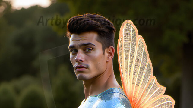 Brought to life through AI, Capturing the Pristine and Elusive Male Fairy. Imagine a realm where handsome shirtless men & boys possess enormous, shimmering crystal wings, vibrant and radiant, capturing and reflecting the light of the environment in a mesmerizing way, and adding a touch of mystery to their intense visage. Outdoors in a fantasy mysterious enchanted realm.
