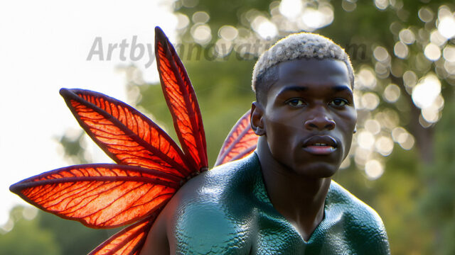 Brought to life through AI, Capturing the Pristine and Elusive Male Fairy. Imagine a realm where handsome shirtless men & boys possess enormous, shimmering crystal wings, vibrant and radiant, capturing and reflecting the light of the environment in a mesmerizing way, and adding a touch of mystery to their intense visage. Outdoors in a fantasy mysterious enchanted realm.
