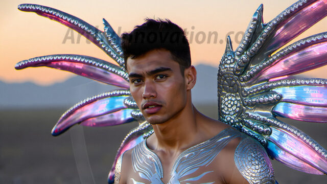 Brought to life through AI, Capturing the Pristine and Elusive Male Fairy. Imagine a realm where handsome shirtless men & boys possess enormous, shimmering crystal wings, vibrant and radiant, capturing and reflecting the light of the environment in a mesmerizing way, and adding a touch of mystery to their intense visage. Outdoors in a fantasy mysterious enchanted realm.
