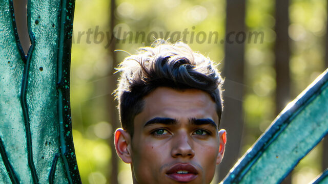 Brought to life through AI, Capturing the Pristine and Elusive Male Fairy. Imagine a realm where handsome shirtless men & boys possess enormous, shimmering crystal wings, vibrant and radiant, capturing and reflecting the light of the environment in a mesmerizing way, and adding a touch of mystery to their intense visage. Outdoors in a fantasy mysterious enchanted realm.