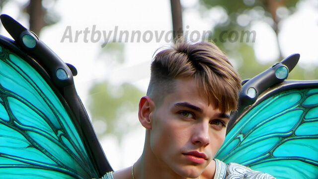 Brought to life through AI, Capturing the Pristine and Elusive Male Fairy. Imagine a realm where handsome shirtless men & boys possess enormous, shimmering crystal wings, vibrant and radiant, capturing and reflecting the light of the environment in a mesmerizing way, and adding a touch of mystery to their intense visage. Outdoors in a fantasy mysterious enchanted realm.