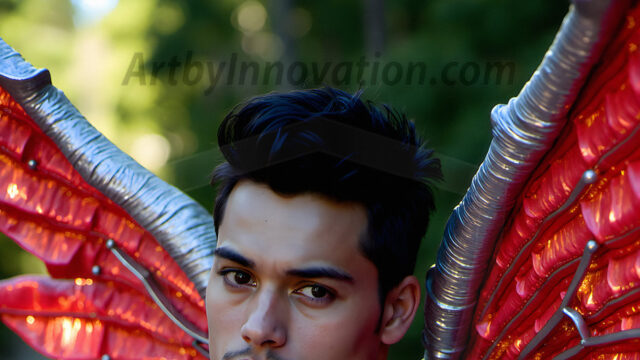 Brought to life through AI, Capturing the Pristine and Elusive Male Fairy. Imagine a realm where handsome shirtless men & boys possess enormous, shimmering crystal wings, vibrant and radiant, capturing and reflecting the light of the environment in a mesmerizing way, and adding a touch of mystery to their intense visage. Outdoors in a fantasy mysterious enchanted realm.