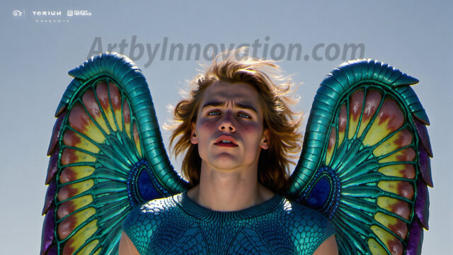 Brought to life through AI, Capturing the Pristine and Elusive Male Fairy. Imagine a realm where handsome shirtless men & boys possess enormous, shimmering crystal wings, vibrant and radiant, capturing and reflecting the light of the environment in a mesmerizing way, and adding a touch of mystery to their intense visage. Outdoors in a fantasy mysterious enchanted realm.