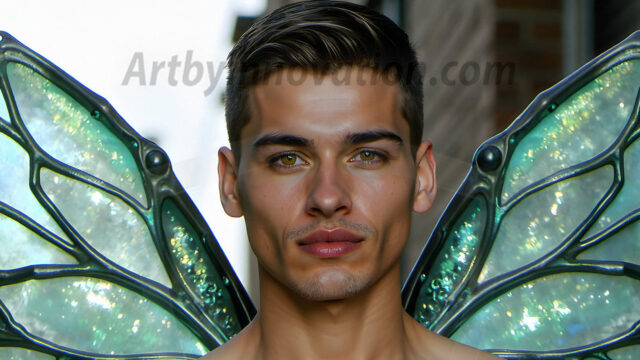 Brought to life through AI, Capturing the Pristine and Elusive Male Fairy. Imagine a realm where handsome shirtless men & boys possess enormous, shimmering crystal wings, vibrant and radiant, capturing and reflecting the light of the environment in a mesmerizing way, and adding a touch of mystery to their intense visage. Outdoors in a fantasy mysterious enchanted realm.