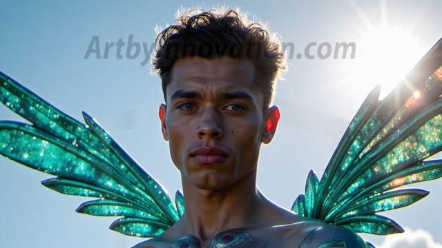 Brought to life through AI, Capturing the Pristine and Elusive Male Fairy. Imagine a realm where handsome shirtless men & boys possess enormous, shimmering crystal wings, vibrant and radiant, capturing and reflecting the light of the environment in a mesmerizing way, and adding a touch of mystery to their intense visage. Outdoors in a fantasy mysterious enchanted realm.