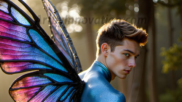 Brought to life through AI, Capturing the Pristine and Elusive Male Fairy. Imagine a realm where handsome shirtless men & boys possess enormous, shimmering crystal wings, vibrant and radiant, capturing and reflecting the light of the environment in a mesmerizing way, and adding a touch of mystery to their intense visage. Outdoors in a fantasy mysterious enchanted realm.
