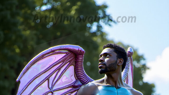 Brought to life through AI, Capturing the Pristine and Elusive Male Fairy. Imagine a realm where handsome shirtless men & boys possess enormous, shimmering crystal wings, vibrant and radiant, capturing and reflecting the light of the environment in a mesmerizing way, and adding a touch of mystery to their intense visage. Outdoors in a fantasy mysterious enchanted realm.