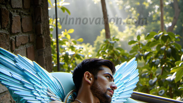 Brought to life through AI, Capturing the Pristine and Elusive Male Fairy. Imagine a realm where handsome shirtless men & boys possess enormous, shimmering crystal wings, vibrant and radiant, capturing and reflecting the light of the environment in a mesmerizing way, and adding a touch of mystery to their intense visage. Outdoors in a fantasy mysterious enchanted realm.
