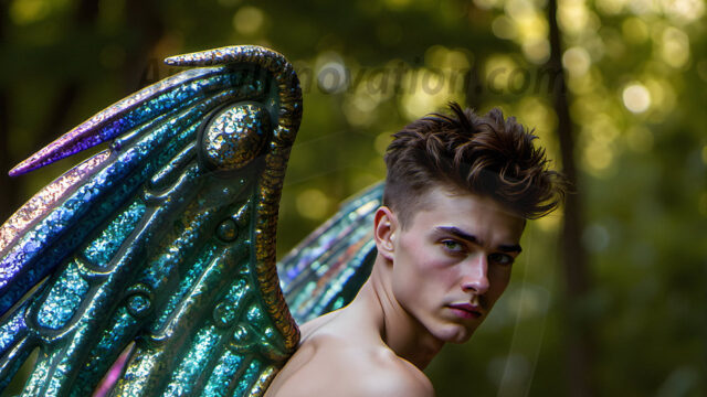 Brought to life through AI, Capturing the Pristine and Elusive Male Fairy. Imagine a realm where handsome shirtless men & boys possess enormous, shimmering crystal wings, vibrant and radiant, capturing and reflecting the light of the environment in a mesmerizing way, and adding a touch of mystery to their intense visage. Outdoors in a fantasy mysterious enchanted realm.