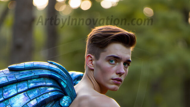 Brought to life through AI, Capturing the Pristine and Elusive Male Fairy. Imagine a realm where handsome shirtless men & boys possess enormous, shimmering crystal wings, vibrant and radiant, capturing and reflecting the light of the environment in a mesmerizing way, and adding a touch of mystery to their intense visage. Outdoors in a fantasy mysterious enchanted realm.