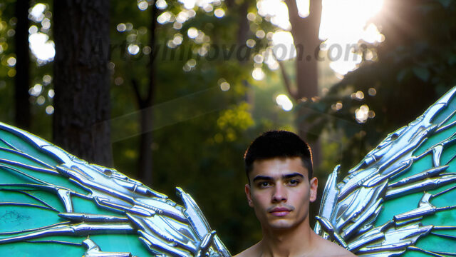 Brought to life through AI, Capturing the Pristine and Elusive Male Fairy. Imagine a realm where handsome shirtless men & boys possess enormous, shimmering crystal wings, vibrant and radiant, capturing and reflecting the light of the environment in a mesmerizing way, and adding a touch of mystery to their intense visage. Outdoors in a fantasy mysterious enchanted realm.
