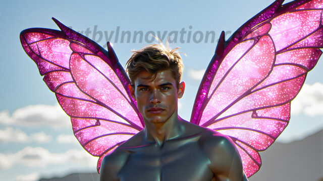 Brought to life through AI, Capturing the Pristine and Elusive Male Fairy. Imagine a realm where handsome shirtless men & boys possess enormous, shimmering crystal wings, vibrant and radiant, capturing and reflecting the light of the environment in a mesmerizing way, and adding a touch of mystery to their intense visage. Outdoors in a fantasy mysterious enchanted realm.