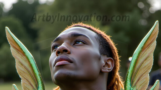 Brought to life through AI, Capturing the Pristine and Elusive Male Fairy. Imagine a realm where handsome shirtless men & boys possess enormous, shimmering crystal wings, vibrant and radiant, capturing and reflecting the light of the environment in a mesmerizing way, and adding a touch of mystery to their intense visage. Outdoors in a fantasy mysterious enchanted realm.