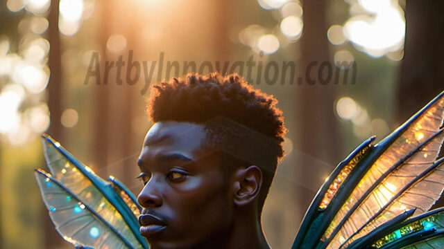 Brought to life through AI, Capturing the Pristine and Elusive Male Fairy. Imagine a realm where handsome shirtless men & boys possess enormous, shimmering crystal wings, vibrant and radiant, capturing and reflecting the light of the environment in a mesmerizing way, and adding a touch of mystery to their intense visage. Outdoors in a fantasy mysterious enchanted realm.