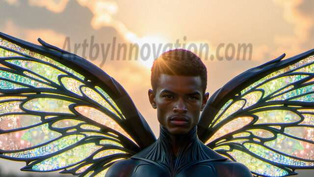 Brought to life through AI, Capturing the Pristine and Elusive Male Fairy. Imagine a realm where handsome shirtless men & boys possess enormous, shimmering crystal wings, vibrant and radiant, capturing and reflecting the light of the environment in a mesmerizing way, and adding a touch of mystery to their intense visage. Outdoors in a fantasy mysterious enchanted realm.