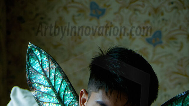 Brought to life through AI, Capturing the Pristine and Elusive Male Fairy. Imagine a realm where handsome shirtless men & boys possess enormous, shimmering crystal wings, vibrant and radiant, capturing and reflecting the light of the environment in a mesmerizing way, and adding a touch of mystery to their intense visage. Outdoors in a fantasy mysterious enchanted realm.