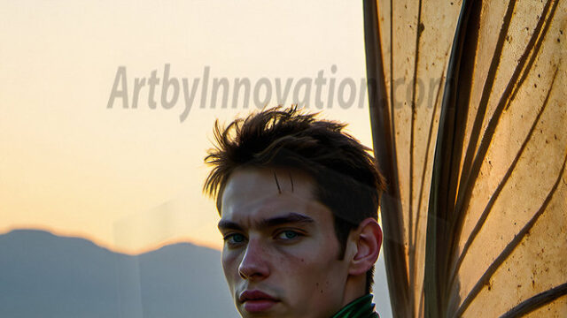 Brought to life through AI, Capturing the Pristine and Elusive Male Fairy. Imagine a realm where handsome shirtless men & boys possess enormous, shimmering crystal wings, vibrant and radiant, capturing and reflecting the light of the environment in a mesmerizing way, and adding a touch of mystery to their intense visage. Outdoors in a fantasy mysterious enchanted realm.