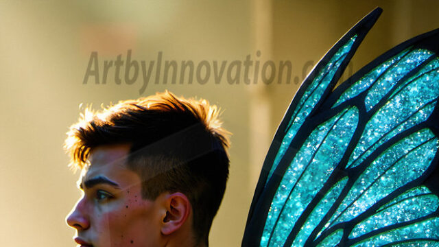 Brought to life through AI, Capturing the Pristine and Elusive Male Fairy. Imagine a realm where handsome shirtless men & boys possess enormous, shimmering crystal wings, vibrant and radiant, capturing and reflecting the light of the environment in a mesmerizing way, and adding a touch of mystery to their intense visage. Outdoors in a fantasy mysterious enchanted realm.