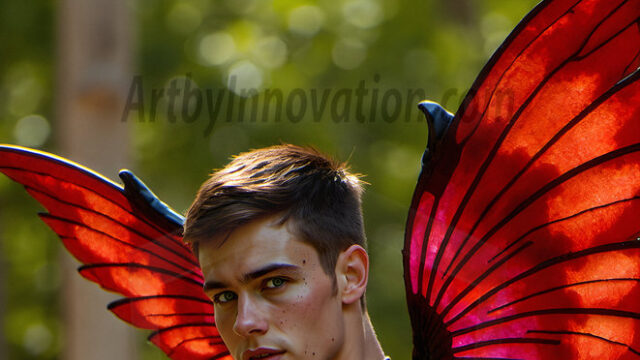 Brought to life through AI, Capturing the Pristine and Elusive Male Fairy. Imagine a realm where handsome shirtless men & boys possess enormous, shimmering crystal wings, vibrant and radiant, capturing and reflecting the light of the environment in a mesmerizing way, and adding a touch of mystery to their intense visage. Outdoors in a fantasy mysterious enchanted realm.