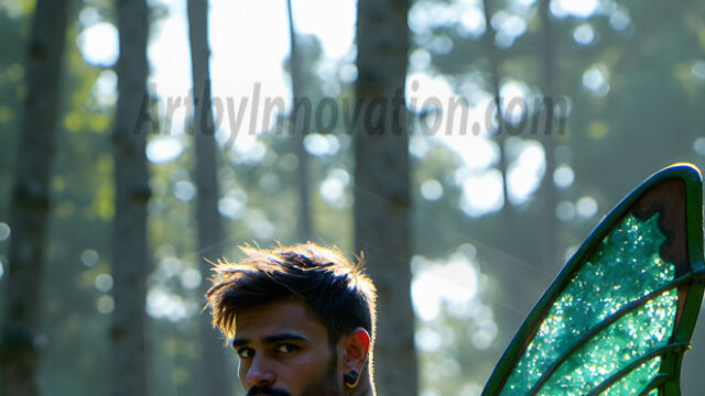 Brought to life through AI, Capturing the Pristine and Elusive Male Fairy. Imagine a realm where handsome shirtless men & boys possess enormous, shimmering crystal wings, vibrant and radiant, capturing and reflecting the light of the environment in a mesmerizing way, and adding a touch of mystery to their intense visage. Outdoors in a fantasy mysterious enchanted realm.