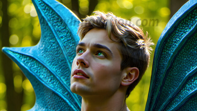 Brought to life through AI, Capturing the Pristine and Elusive Male Fairy. Imagine a realm where handsome shirtless men & boys possess enormous, shimmering crystal wings, vibrant and radiant, capturing and reflecting the light of the environment in a mesmerizing way, and adding a touch of mystery to their intense visage. Outdoors in a fantasy mysterious enchanted realm.