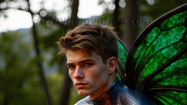 Brought to life through AI, Capturing the Pristine and Elusive Male Fairy. Imagine a realm where handsome shirtless men & boys possess enormous, shimmering crystal wings, vibrant and radiant, capturing and reflecting the light of the environment in a mesmerizing way, and adding a touch of mystery to their intense visage. Outdoors in a fantasy mysterious enchanted realm.